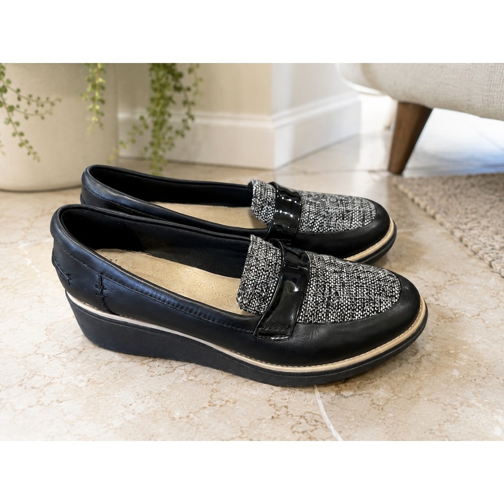 Clarks Sharon Dolly Black Leather Tweed Wedge Loafers Womens 8.5 M 261366184060